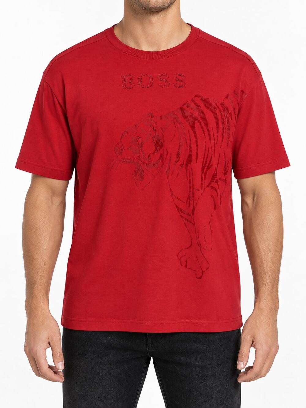 BOSS Hugo Boss Men’s M Red Tee Iconic Tiger Graphic Rhinestone Relaxed Fit